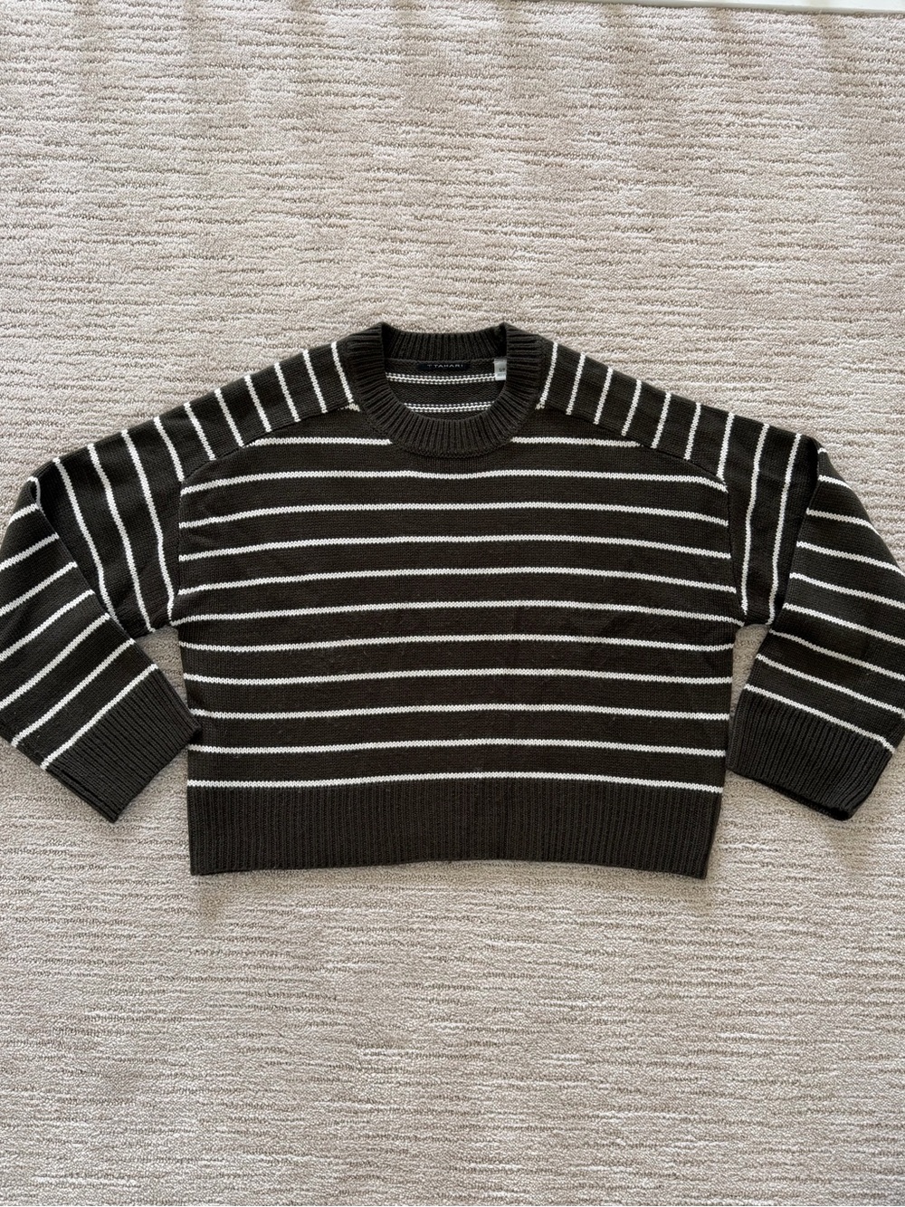 T Tahari Dark Green with White Stripe Cropped Crewneck Sweater